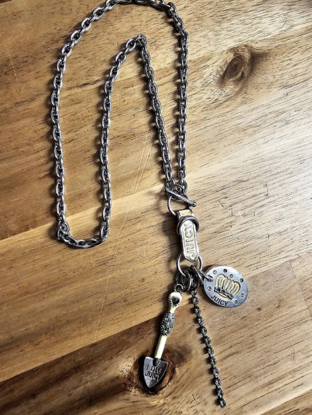 Juicy Couture I Dig Juicy Shovel and Crown Charm Necklace Silver & Gold Y2K